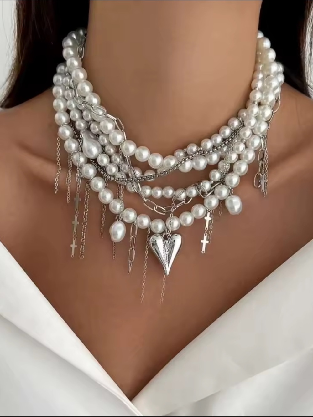 Macy's White Pearl Multi-Layer Necklace with Silver Charms